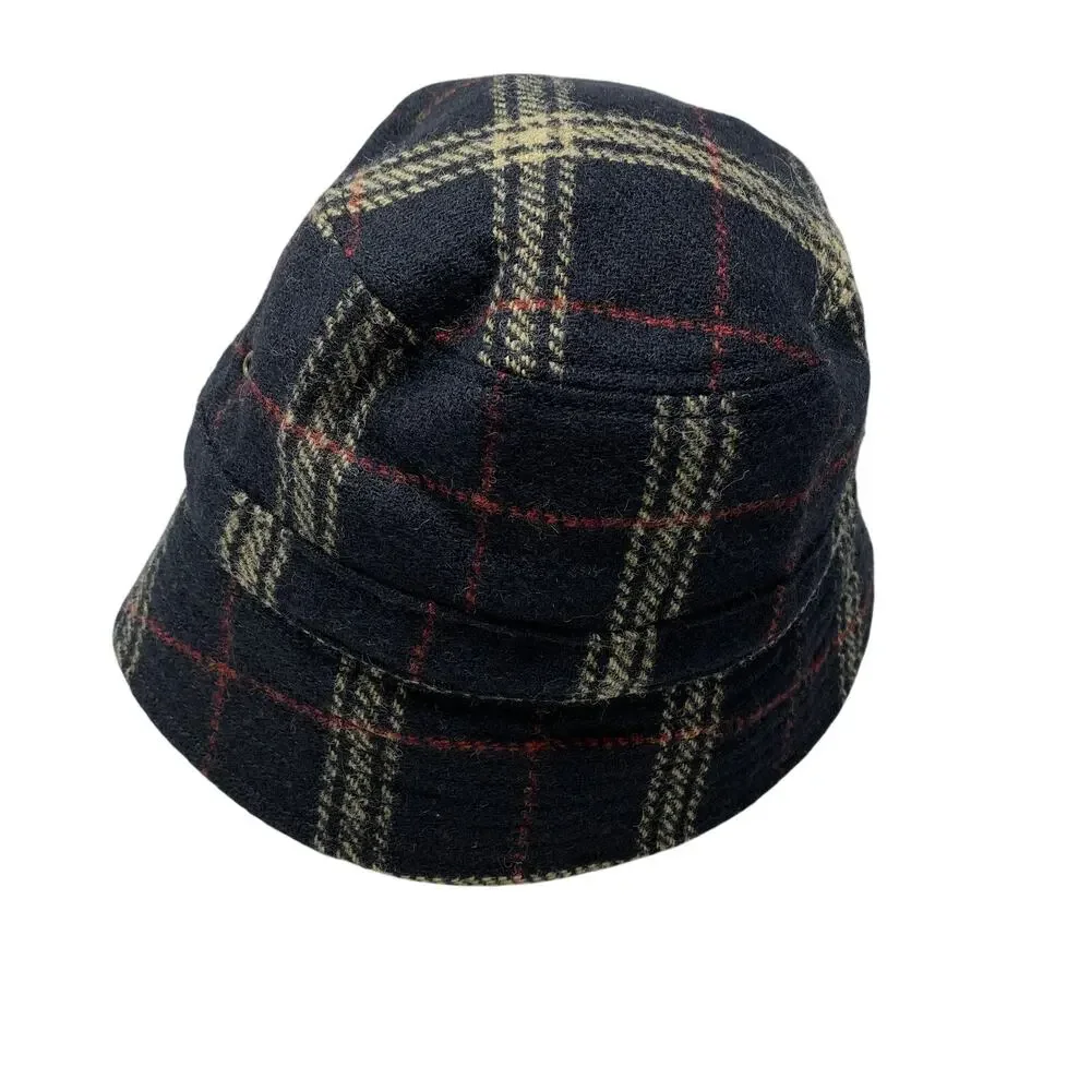 J.Crew Bucket Hat Womens Size M/L Black Cream Plaid 100% Lambs Wool